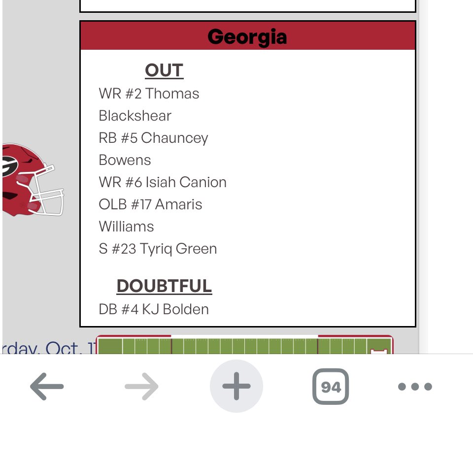 Pete Thamel: Georgia defensive back KJ Bolden is doubtful.