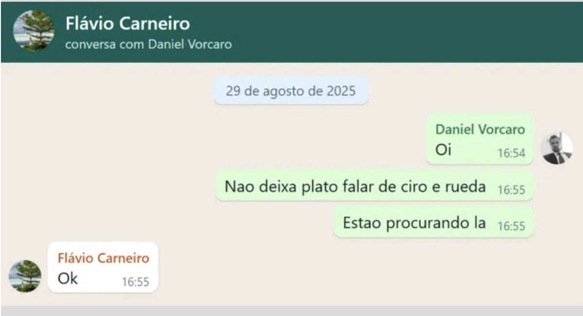 Pri_usabr1's tweet photo. Em agosto de 2025, Vorcaro deu a ordem a Flávio Carneiro: “Não deixa Platô falar de Ciro e Rueda”. O banqueiro do Master controlava o que o site podia ou não dizer sobre os presidentes do PP e do União Brasil. A pauta era dele. https://t.co/YZ86PoSWC5