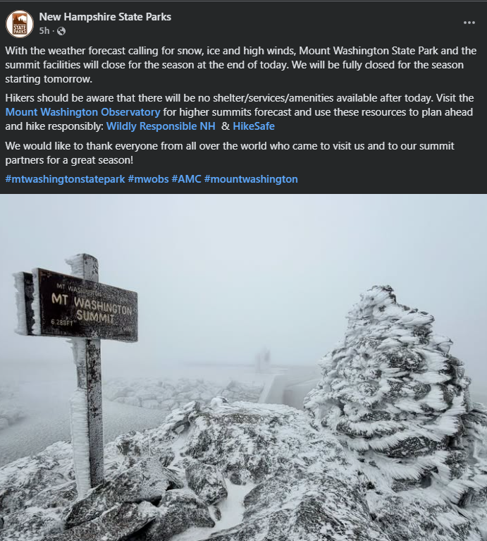 MWObs's tweet photo. Our neighbors at Mount Washington State Park posted on Facebook/Instagram that their facilities are now closed for the winter season (see their post in the attached image or visit https://t.co/M9tXcbfZaT) https://t.co/DbJwHhGdiU