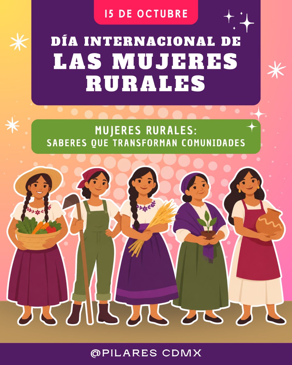 CdmxPilares's tweet photo. 👩🏽‍🌾 Hay saberes que nacen de la tierra y se comparten de generación en generación. Este 15 de octubre, en el #DíaInternacionalDeLasMujeresRurales, reconocemos a las mujeres que, con sus conocimientos, trabajo y participación, contribuyen al bienestar y desarrollo de sus comunidades. 🌾 
En #PILARES sabemos que compartir conocimientos también es una forma de fortalecer nuestros vínculos y transformar nuestro entorno. Por eso, hoy celebramos y reconocemos los saberes, el trabajo y las aportaciones de las mujeres rurales. 💚