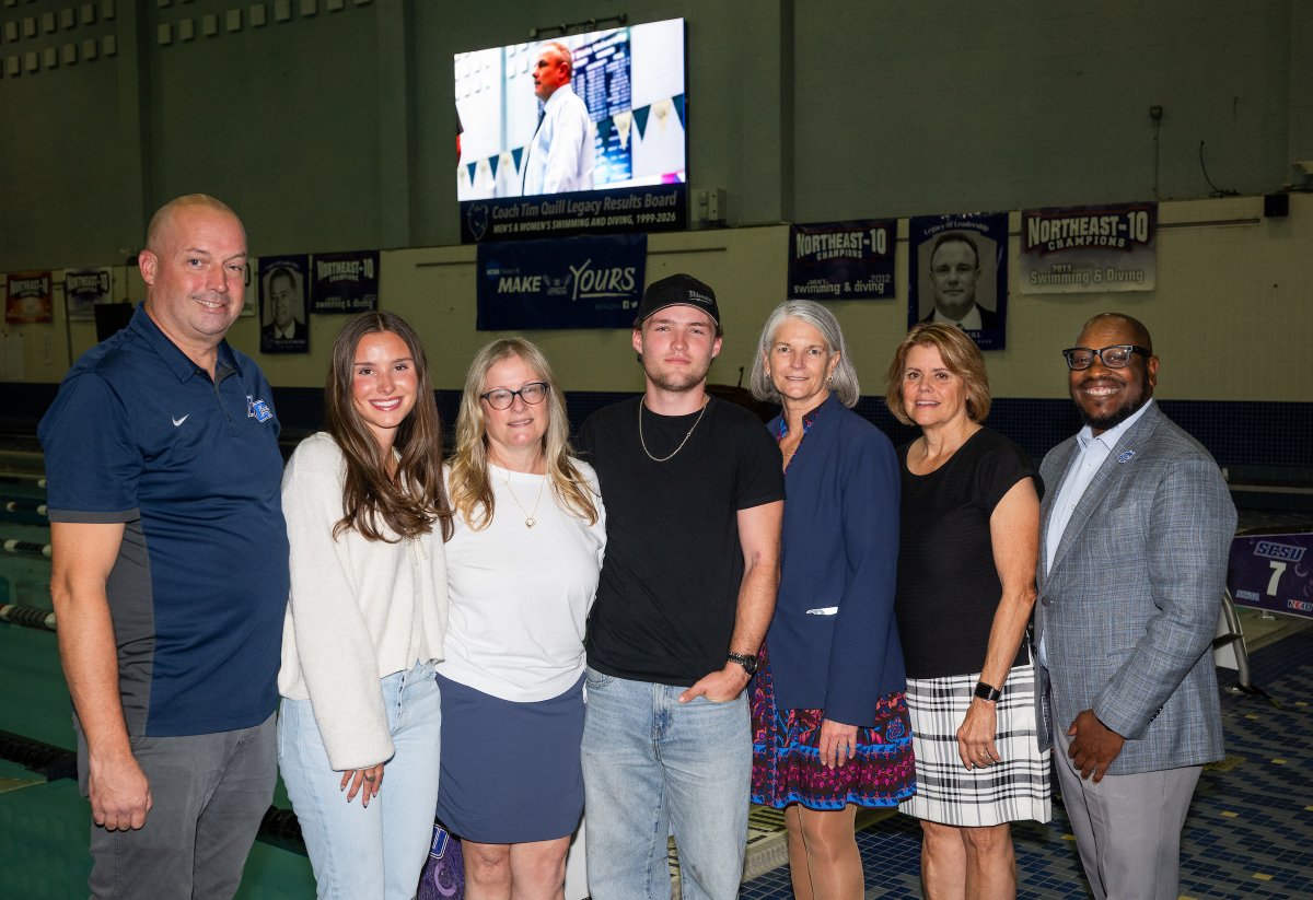 PresSandyBulmer's tweet photo. For nearly three decades, Coach Tim Quill inspired excellence, pride, and a love for @SCSU  in generations of student-athletes. The scoreboard that now bears his name ensures his legacy will remain an enduring part of the swimming and diving program he helped build. https://t.co/zdthPwb5p5