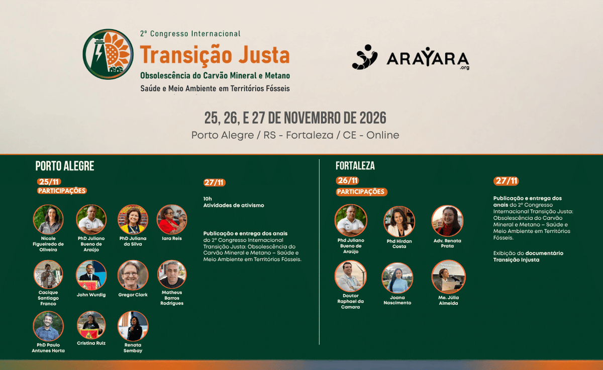 arayaraoficial's tweet photo. Sul e Nordeste conectados pelo futuro dos territórios fósseis

De 25 a 27 de novembro, pesquisadores e comunidades se reúnem em Porto Alegre e Fortaleza para debater saúde, emprego e alternativas à dependência do carvão mineral e do metano.

🔗 https://t.co/KhgXCKrDbR https://t.co/KRTQP8gQDS