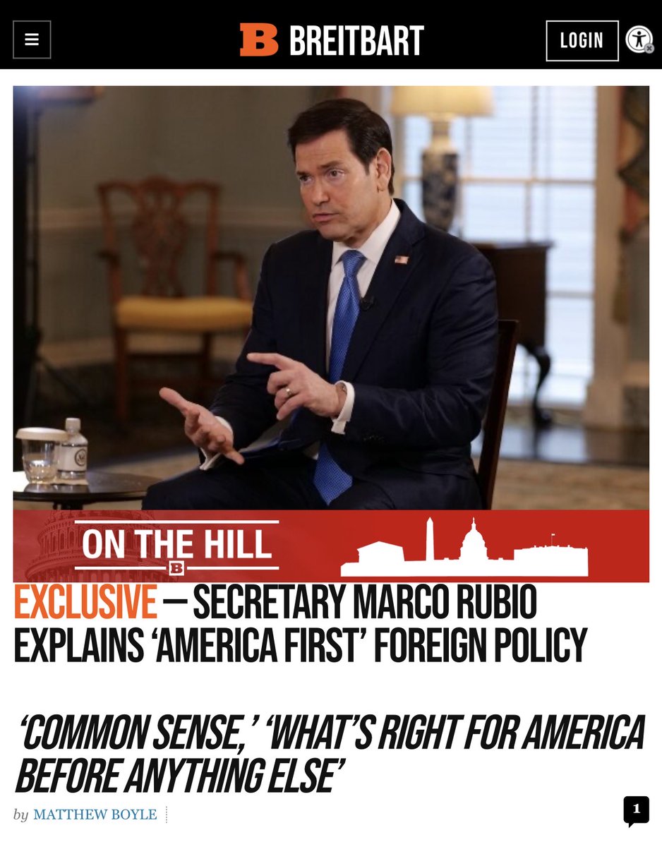 mboyle1's tweet photo. NEW and EXCLUSIVE— I sat down today for @BreitbartNews with @SecRubio at @StateDept for a long-form on-camera interview. First piece of it just published — in it, Rubio explains the America First foreign policy. 

“What’s right for America before anything else” https://t.co/kwqZkBNOEi