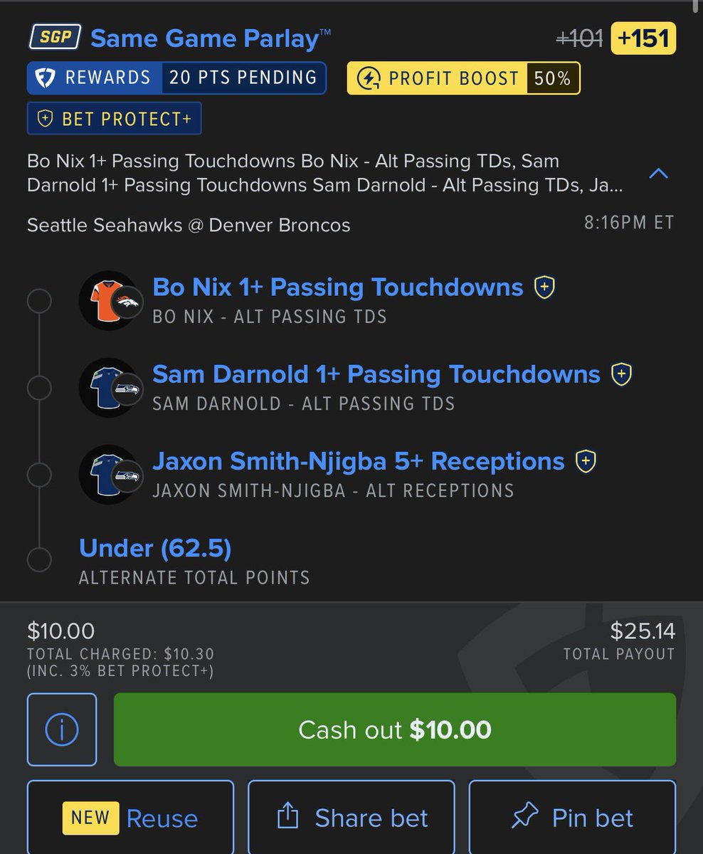 BiLLsMAFiA_FODx's tweet photo. Put together an #NFL #TNF #SameGameParlay both #BroncosCountry and the #Seahawks have great defense but I still expect both quarterbacks to pass for one TD. JSN has been a target machine over the last year + and I donโt see this game being a shootout. #Gambling๐ #Betting #Gambling #Football
