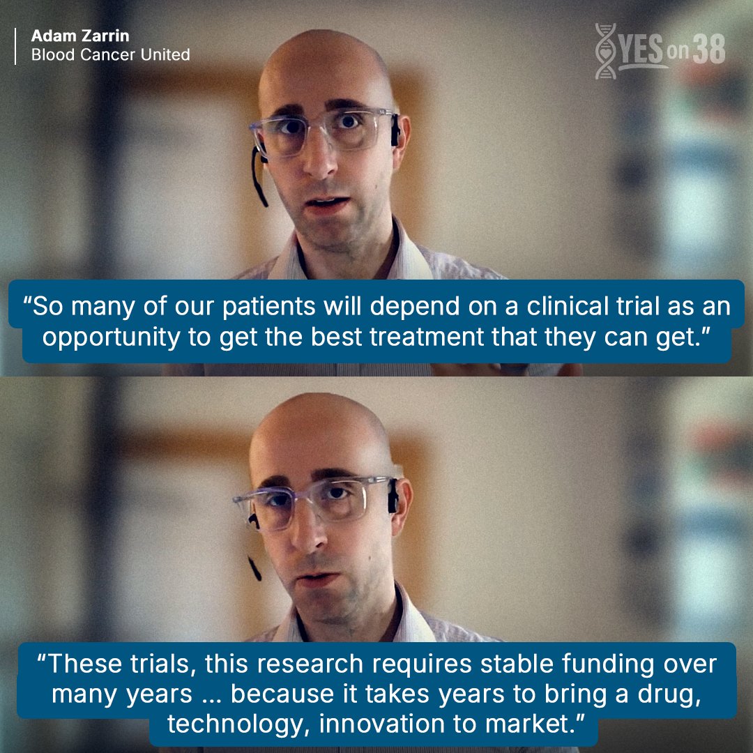 YesProp38's tweet photo. Medical research may not feel personal until the person who needs a new treatment is you or someone you love.

Adam Zarrin of Blood Cancer United [tag BCU socials profiles] explains why supporting continued medical research matters for every Californian, including those who are healthy today.

Swipe through the conversation and vote YES on Prop 38.