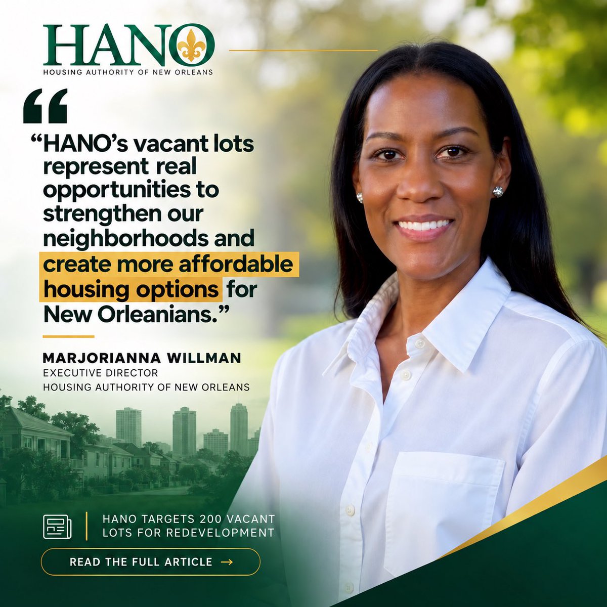 HANO_HOUSING's tweet photo. 🏘️ HANO is targeting 200 vacant properties for redevelopment, creating opportunities to strengthen neighborhoods and expand affordable housing options for New Orleanians.
Learn more about this initiative: https://t.co/LS5zJsR3ay
#HANO #AffordableHousing #NewOrleans https://t.co/ZktcELqPJN