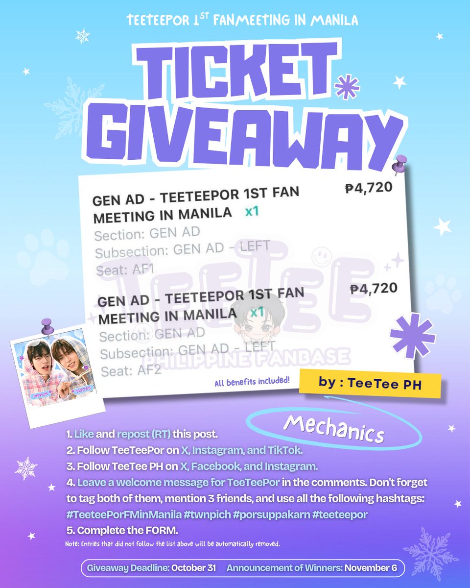 2TEEPH's tweet photo. [TICKET GIVEAWAY ALERT] 🎟️

To celebrate TeeTeePor's first fan meeting in Manila, we're giving 2 lucky vavas a chance to see our boys live! 

We're sharing a little love with our fellow vavas and hoping to make this special moment even more memorable! 💜🩵

📌 Interested in joining? Read the pubmat for the complete giveaway mechanics. Don’t forget to complete all the steps to qualify.

🔗 Join here: https://t.co/pJzuk4XYzN

Let's give Nong TeeTee and Nong Por the warmest welcome to the Philippines! 🐶🐻‍❄️🇵🇭

#TeeteePorFMinManila
#twnpich #Porsuppakarn #teeteepor
@twnpich @porsuppakarn