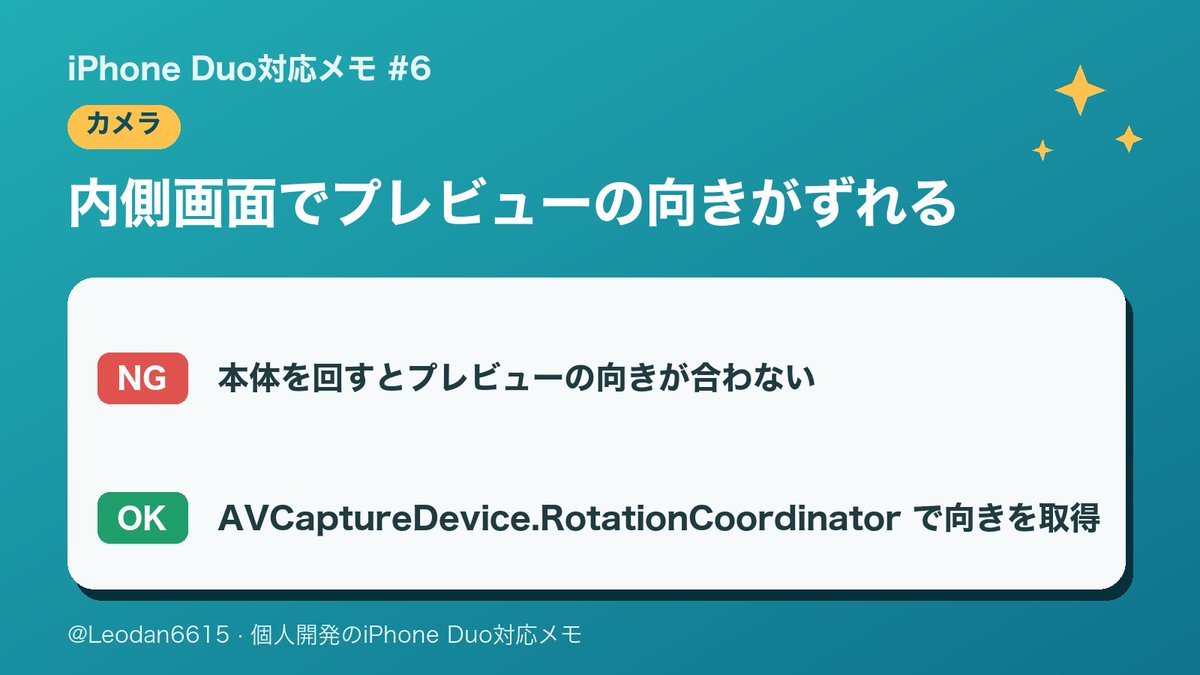Leodan6615's tweet photo. Duo対応メモ⑥ カメラ編📷 内側画面で本体を回すと、プレビューの向きがずれる問題が。AVCaptureDevice.RotationCoordinatorで向きを取るようにして解決。

Camera preview rotated wrong on the Duo inner display? Use AVCaptureDevice.RotationCoordinator.

#iPhoneDuo #AVFoundation #iOSdev https://t.co/V93e2gXHCC