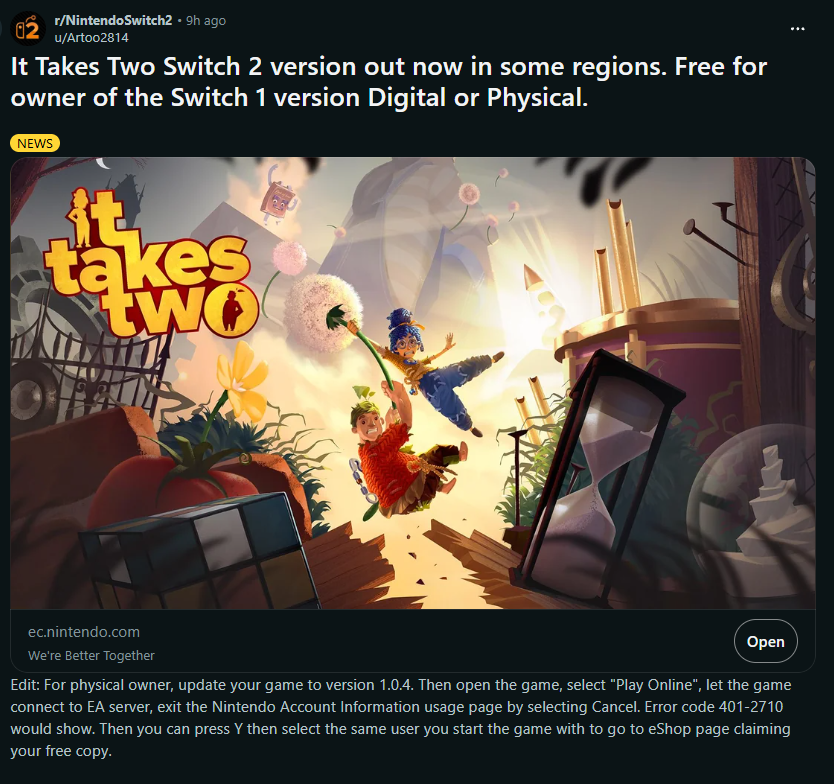 Wario64's tweet photo. It Takes Two (Switch 2) is free if you borrow a physical Switch 1 copy somewhere, like a public library or a friend (cart not needed after claiming game through the in-game menu)

Though apparently you need to follow some steps to get it working 

https://t.co/ZDWNBnBW8h https://t.co/VuMv2uzNN4