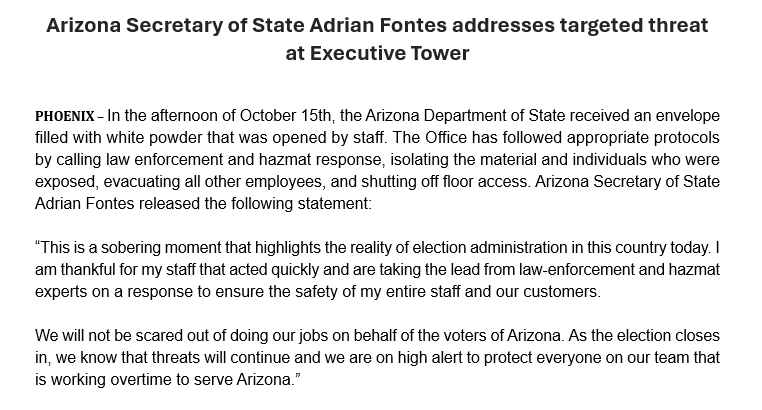 brahmresnik's tweet photo. BREAKING Arizona Capitol's Executive Tower evacuated after Secretary of State's office received envelope with white powder that was opened by staff, per @AZSecretary. https://t.co/PQ7uW36BIY