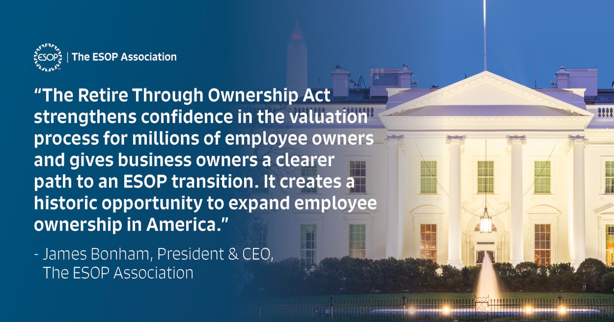 ESOPAssociation's tweet photo. BREAKING: President @realDonaldTrump has signed the Retire Through Ownership Act into law! The @ESOPAssociation was proud to lead the bipartisan advocacy effort on the most important ESOP law enacted in decades.

We are grateful to Senators @RogerMarshallMD and @SenTimKaine and Representative @RepRickAllen for championing this legislation, and to the committee leaders, Chairmen @BillCassidy and @RepWalberg and Ranking Members @SenSanders and @BobbyScott, for securing unanimous approval in their committees.

The full story: https://t.co/2oLObqadwV