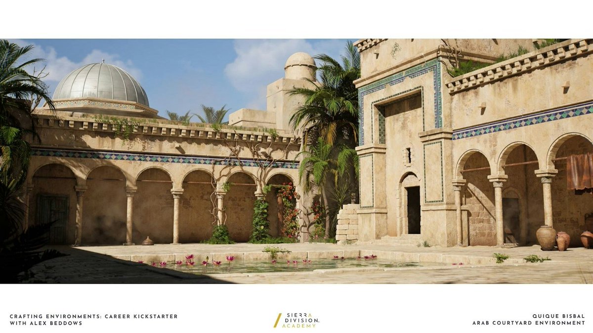 sierra_division's tweet photo. Congratulations to @Enrik_3d  on completing Crafting Environments: Career Kickstarter with @BeddowsDesign  at Sierra Division Academy.

The main goal of Quique's mentorship project was to expand his environment art skills and challenge himself to take ownership of every aspect from modeling and sculpting to texturing, materials, shaders, VFX and lighting. Another important goal was to deepen his knowledge of Substance Designer and get more practice creating procedural materials. He also wanted to learn about shader creation, vertex painting and how to achieve natural transitions between materials.

With so much to focus on, one of his biggest challenges was staying organized and motivated. Through Alex's guidance, he learned the importance of planning, selecting the right workflows, and trusting his own abilities.

Quique Your environment came out beautifully! Great work!

Credit: Arab Quarter is inspired by Vladimir Manyukhin’s concept art.

See more of Quique's project: https://t.co/gQ8KGrQSLc