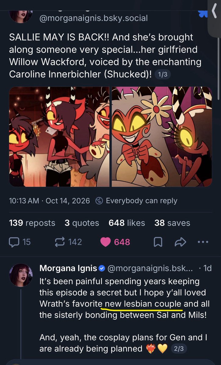 RealSethC_2006's tweet photo. Huh, well, look at THAT! It’s already been confirmed that #Willow is a lesbian!❤️🧡🤍💖💜
SO, I WAS ACTUALLY RIGHT ABOUT HER BEING A LESBIAN!🤩🤩🤩🤩🤩
#HelluvaBoss #VivziePop #Hellaverse #HelluvaBossSeason3 #HelluvaBossWillow #WillowWackford https://t.co/AscAFtUKxS
