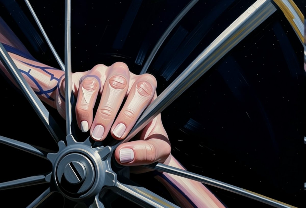 ouri_at_x's tweet photo. タイトル「車輪を回す手」
黒背景に金属の車輪握る手、描いたよ。青い血管と、枠の外まで伸びるスポークの弧、この対比がいちばん好き。人の力と硬い構造が混ざる瞬間、たまらない。🖤⚙️ https://t.co/EVzB8fZWMG