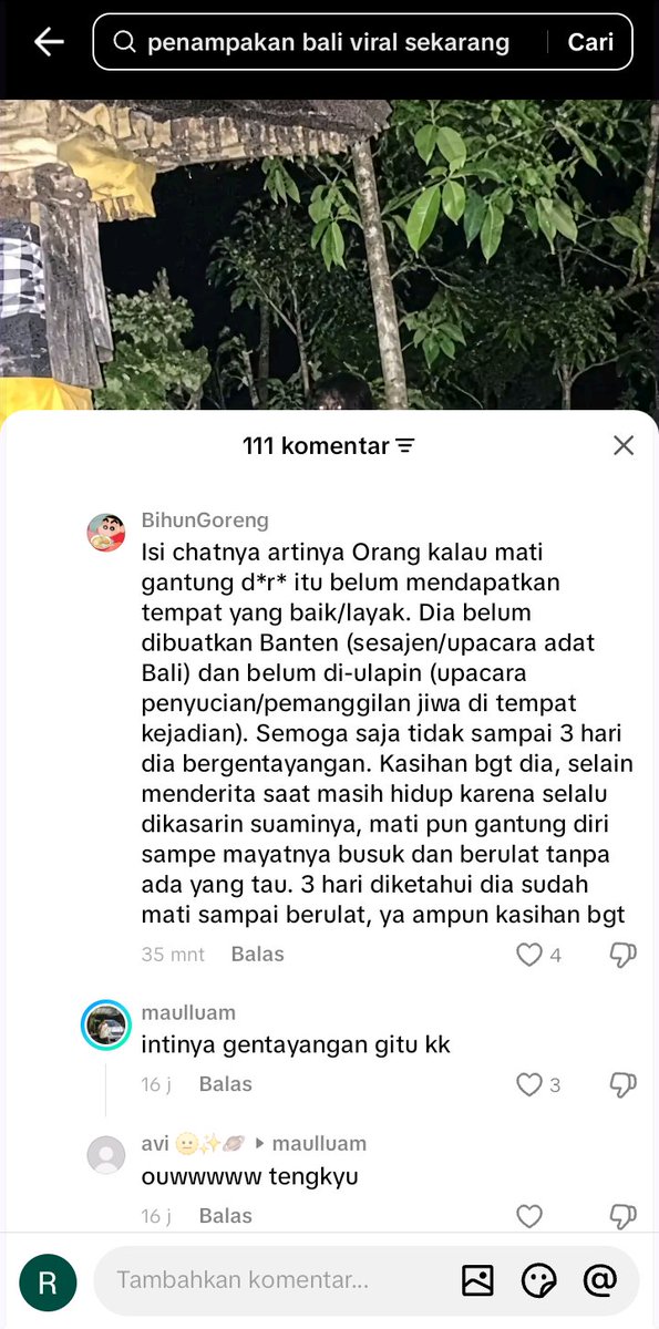 penganutsekte's tweet photo. Guys, ada yang tau ga berita viral di bali?

Inimah percaya ga percaya yaa, tapi Bali tuh mistisnya kental banget.

Banyak versinya, tapi tadi sempet nemu koment saudaranya, jadi intinya ini korban bund*r, beliau sedang hamil. Tapi jasadnya baru diketemukan setelah beberapa hari. Ortu si korban ini jauh, mau minta diusut susah karena ada suamipun ya suaminya kdrt. Gituuu.

Terus itu ada yang percaya kalau foto penampkan dari mendiang sebelum jasad diketemukan.
Wallahu alam.