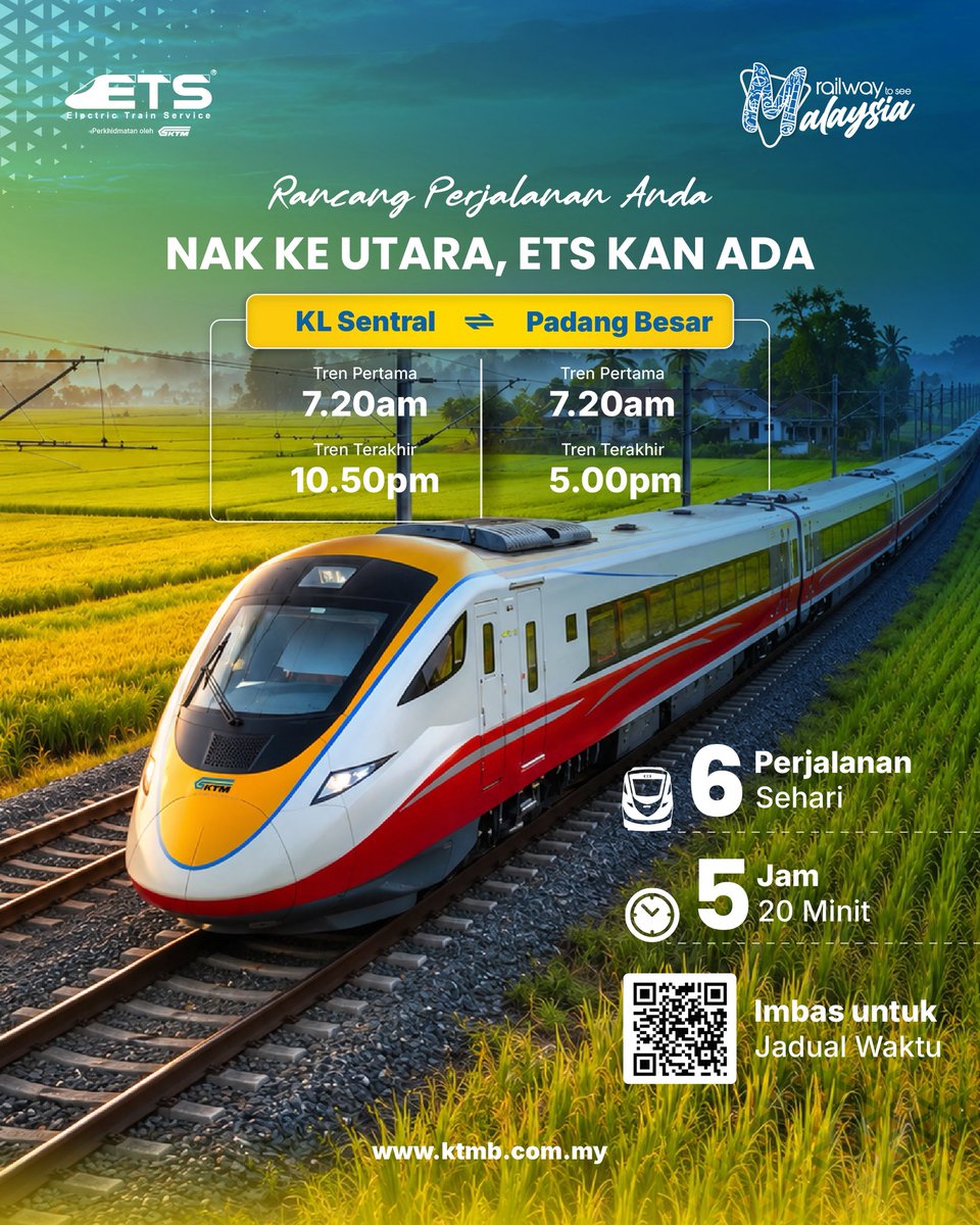 ktm_berhad's tweet photo. Selamat Pagi, rancang perjalanan anda dengan ETS!
Dari KL Sentral ke Padang Besar, jom ketahui lebih lanjut tentang perjalanan ETS dan jadikan perancangan perjalanan anda lebih mudah.
#KTMB #ETS #ETSkanAda https://t.co/6vuKP9si54