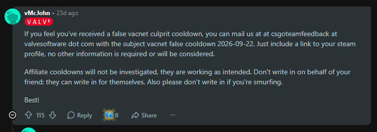 OfficialRefrag's tweet photo. Just a PSA for anyone who doesn't know yet. Please email Valve if you received a false vacnet cooldown. https://t.co/NbeKrH5t7H