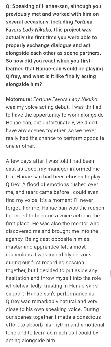 yunkii_kumo's tweet photo. important reminder about the cast:  

qifrey's va inspired coco's va to become a seiyuu, and was the mentor who discovered her and brought her to the agency. she cried when she knew they were going to interpret the protagonists together and actively learns from him while acting. https://t.co/LrBoEfmYPv