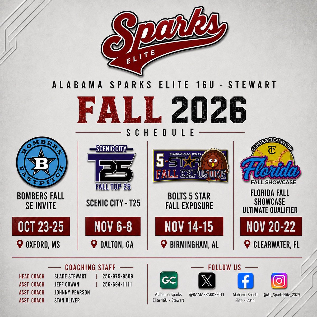 averyramsey2030's tweet photo. Schedule drop for fall 2026. 
Can’t wait to be on the field again with @BamaSparks2011 https://t.co/bWxSAEOWYn