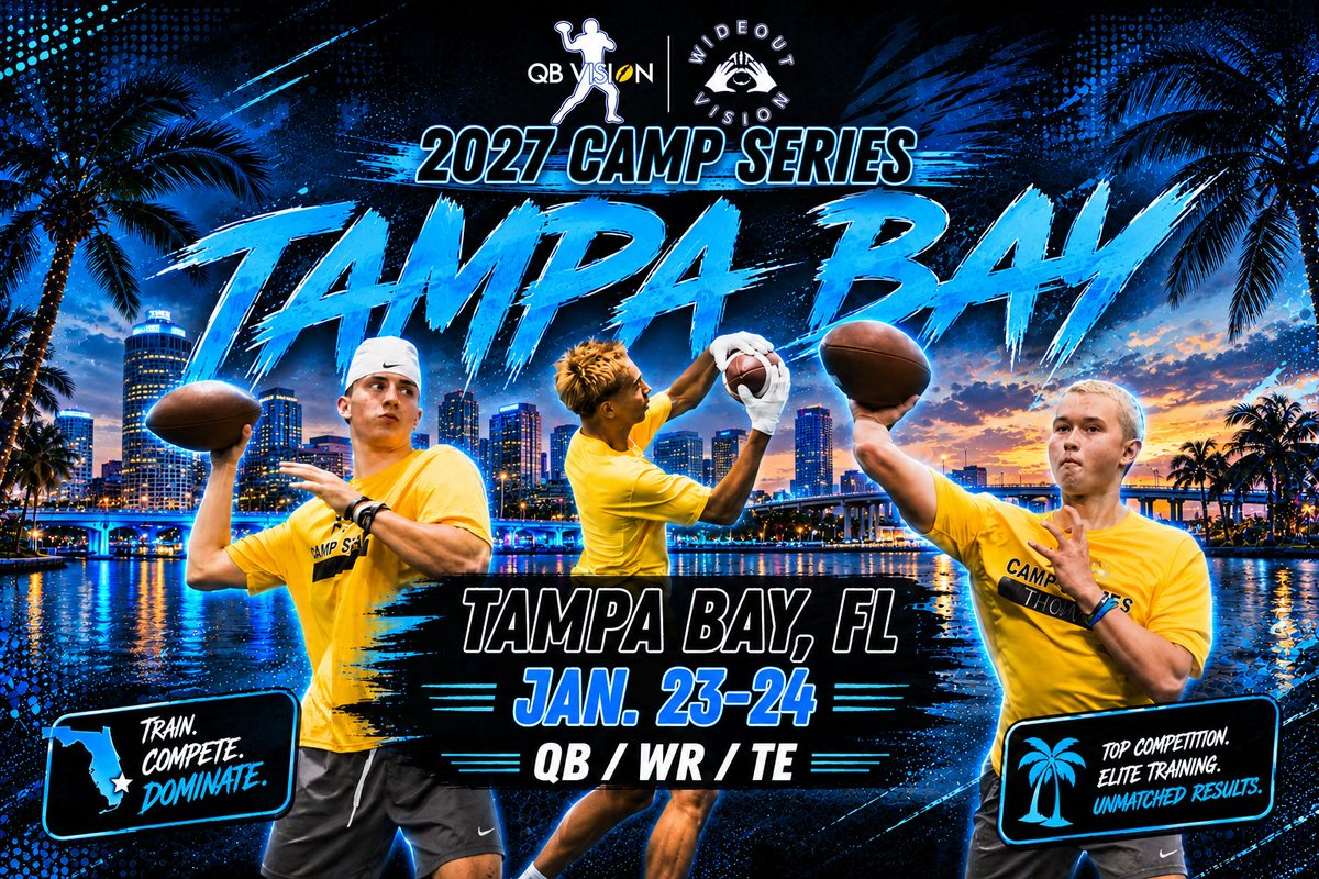 JDRoss91's tweet photo. Year 3 and we’re only getting better. 🗓️🔥

​Back for our 3rd Annual Camp, the QB Vision & Wideout Vision 2027 Camp Series heads to South Sumter High School on January 23–24, 2027 for a premier two-day development and showcase weekend. Nowhere else to be!!!

​Open to rising 5th through 12th graders ready to test their skills, build elite habits, and compete. 

​The Focus:

🎯 Position-Specific Instruction: Detailed route running, catching technique, pocket footwork, clean arm path/releases, and game-speed IQ.

🔥 Live Competition: Real reps, real intensity, competing against the region’s best.

📈 Exposure & Media: Get on radars early with verified film, media coverage, and college recruiting opportunities. 

​We’ve made reserving a spot easier than ever:
📲 Lock it down for $22 (QBs) or $13 (WRs/TEs) down payment and handle the rest later. 

​Spaces are strictly capped by position to guarantee high-volume coaching and reps. Hit the link in our bio to lock in your roster spot today! 🚀
