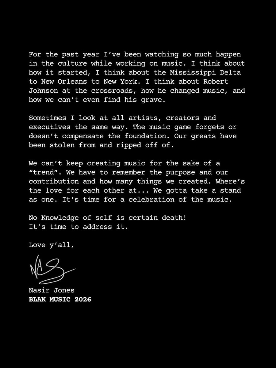 Kurrco's tweet photo. Nas teases new music, calls out the music industry for neglecting its pioneers, and urges artists to come together 👀

“The music game forgets or doesn’t compensate the foundation. Our greats have been stolen from and ripped off of.”

“We can’t keep creating music for the sake of a “trend”. We have to remember the purpose and our contribution and how many things we created. Where’s the love for each other at… We gotta take a stand as one. It’s time for a celebration of the music.”