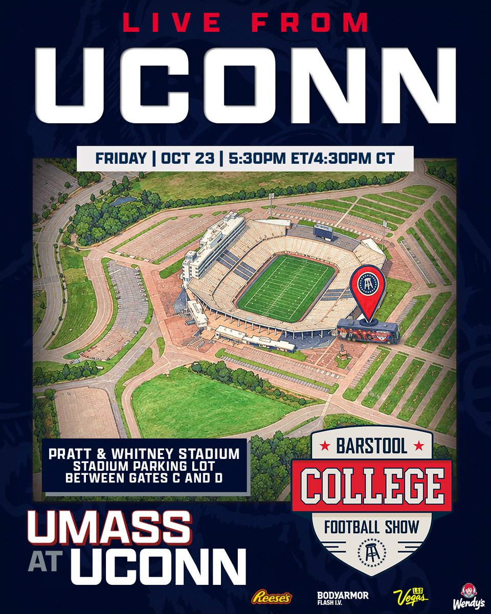 UConnHuskies's tweet photo. It’s official! The @BarstoolCFB show will be LIVE from The Rent next Friday leading up to the @UConnFootball game against UMass! 🏈

#PackTheRent https://t.co/BioLBgV6dB