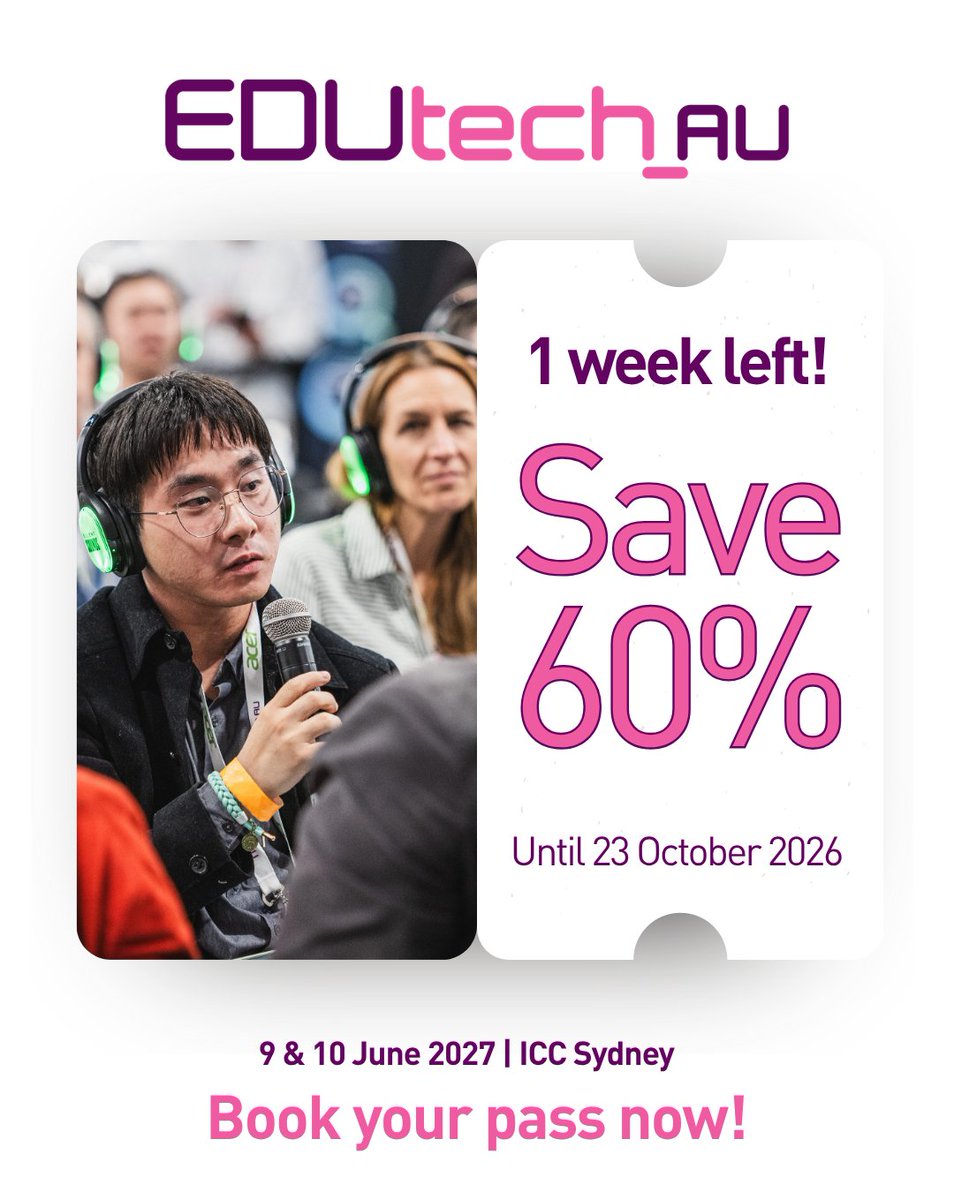EDUtech_AU's tweet photo. Clock’s ticking! ⏱️ 

Just 1 week left to save 60% on your pass for EDUtech 2027. Secure your place alongside Australia’s top educators.

📅 9 &amp; 10 June 2027
📍 ICC Sydney

Register now &amp; save 60% https://t.co/8u0q4aJg8g https://t.co/aedxqjDAdo