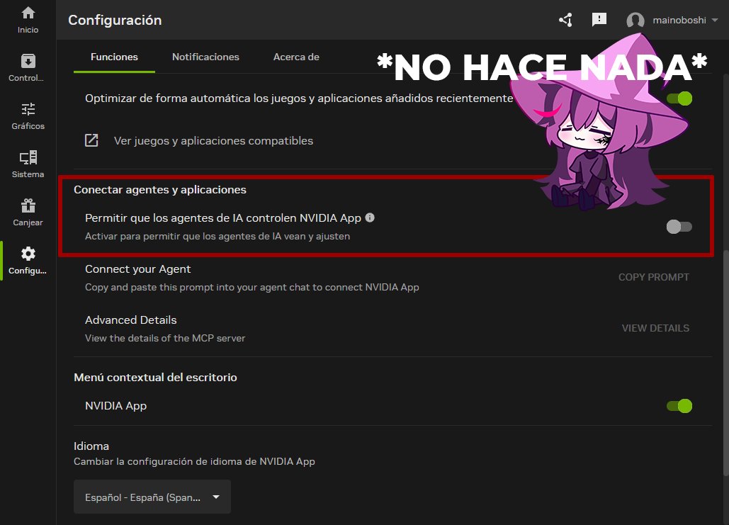 MaiNoboshi's tweet photo. ⚠️Para los usuarios de NVIDIA: si quieren desactivar esta función, el NVIDIA App MCP Server viene activado por defecto.

Pero tranquilos, que no cunda el pánico. Esto NO significa que NVIDIA esté usando una IA para controlar tu PC.

¿Qué hace? Permite que un agente de IA compatible pueda conectarse a NVIDIA App y controlar ciertas funciones, como cambiar configuraciones de juegos o gestionar grabaciones.

Un agente de IA es un programa que, además de responder preguntas, puede realizar acciones por ti. Por ejemplo, ChatGPT si le preguntas te explica cómo configurar NVIDIA, pero un agente con los permisos adecuados podría hacerlo directamente.

¿Y si lo tienes activado? Para utilizarlo necesitas configurar un agente compatible. Tener esta opción encendida no significa que haya una IA conectada ni que alguien esté controlando tu PC de pronto.

Es como tener una puerta de servicio que una IA podría utilizar si configuras todo para ello. Si no vas a usarla, puedes dejarla cerrada.

No se espera una diferencia apreciable en los FPS por activar o desactivar esta función.

Si no la vas a utilizar, puedes desactivarla y olvidarte del tema. xD