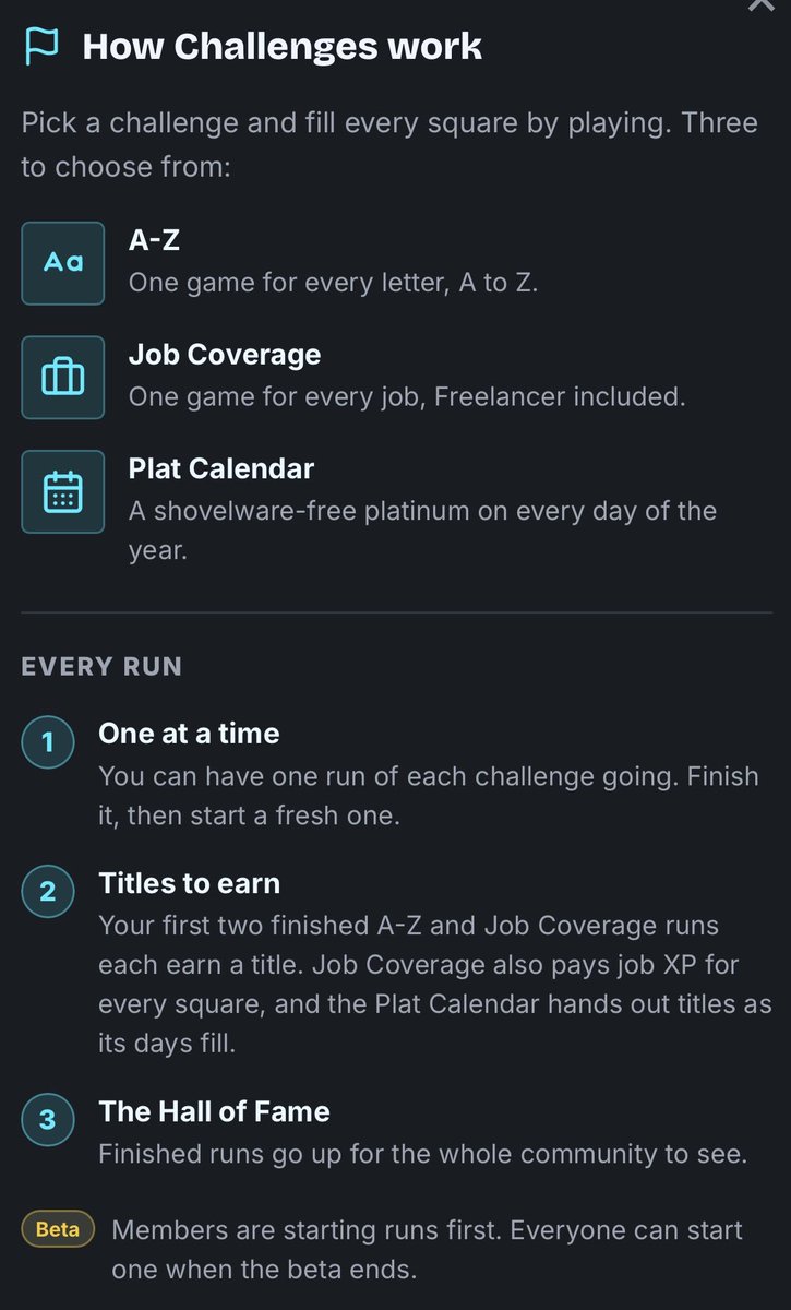 platpursuit's tweet photo. Challenges have been revamped and returned to our website!

A-Z: plat a game starting with every letter of the alphabet

Job Coverage: a new replacement to genres using our contract system

Plat Calendar: aim to get a plat on every day of the calendar! https://t.co/MvfXXuqTUm