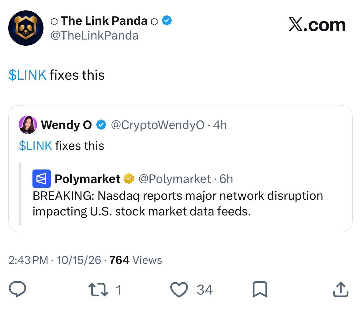 josefabregab's tweet photo. It may sound like a joke, but @TheLinkPanda is right: @Chainlink does fix this. 

Today, a network disruption at Nasdaq’s Carteret facility caused intermittent gaps across its U.S. equities data feeds. Even both the primary A and secondary B feeds from Carteret were impacted. 

Chainlink Data Streams are specifically designed to make onchain markets more resilient to this.Instead of depending on a single exchange feed or data source, Data Streams aggregate market data from multiple primary and backup sources, then process it through a decentralized oracle network.

The feeds also include timestamps and market-status metadata, allowing applications to identify stale prices, detect market interruptions and implement safeguards such as pausing trading or freezing positions. So if one venue or data path goes down, an onchain market doesn’t have to blindly consume stale data or immediately lose its pricing infrastructure.

Multiple data sources → decentralized aggregation → stale-data detection → circuit-breaker logic.

This is exactly the kind of redundancy you need if tokenized equities are going to trade onchain at scale.