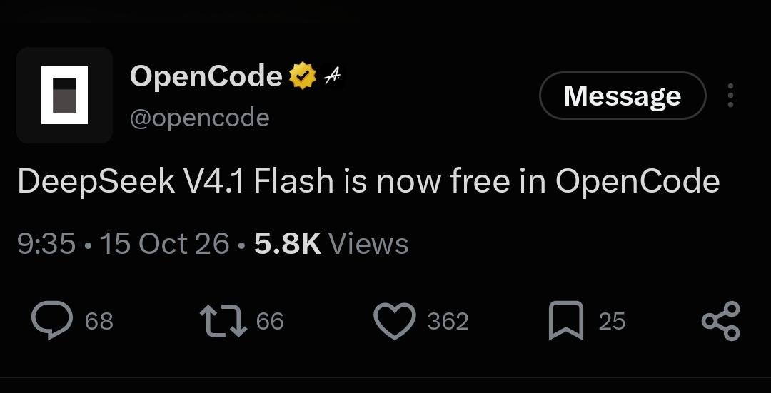 kernelKain's tweet photo. Was about to buy OpenCode Go just for DeepSeek 4.1

They made it free before I could pay. 
Terrible business model. Love these guys❤️ https://t.co/3c4B4RvMZc