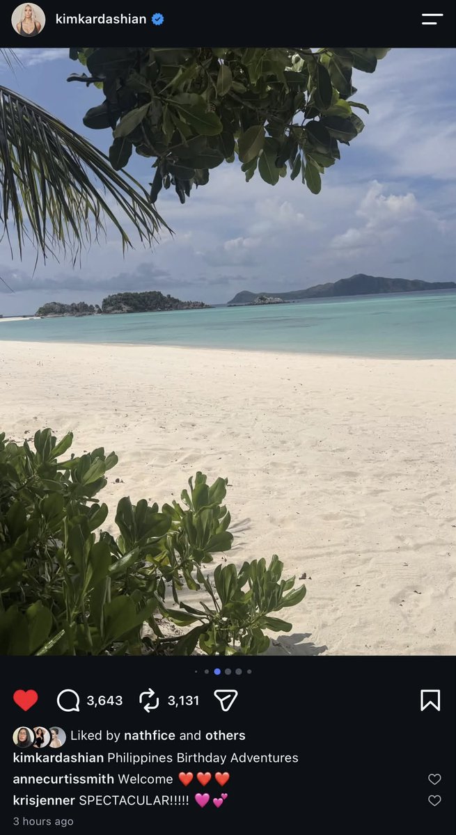 alluraxx's tweet photo. TUWING NAKIKITA KO SI KIM K NA NAGVA-VACATION SA PRIVATE ISLANDS, lagi kong naiisip, “Bakit kaya never pa sila nag-PH?” 😭 Tapos nakita ko birthday pics niya sa IG kanina, late ko nabasa caption… NASA PHILIPPINES PALA SIYA!!! 🥹🇵🇭 Finally, nae-experience na rin niya ang ganda ng beaches natin! 💗

Welcome to Philippines @KimKardashian