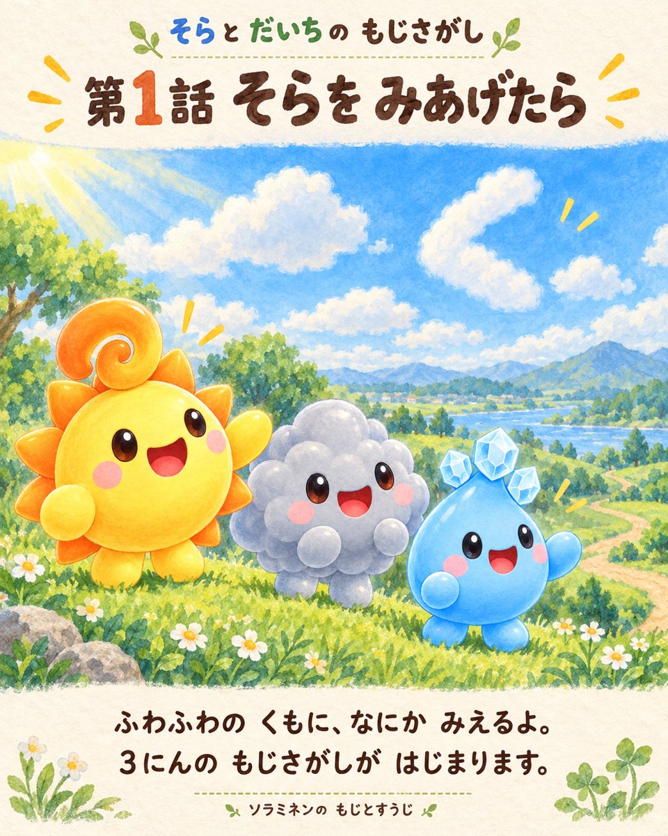 solarminence's tweet photo. 【もじさがし 第1話】
空を見上げたら、雲がなんだか文字みたい。ソラミネン、セキモック、アメリイの「もじさがし」が始まります。

#ソラミネン #もじさがし https://t.co/5CGc29YT9c