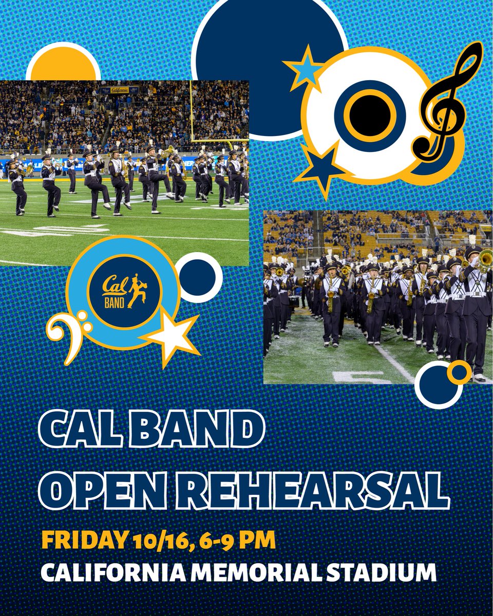 CalBand's tweet photo. This Saturday is Cal vs. Wake Forest and our Alumni Band Day!

The Cal Band is hosting an open rehearsal tomorrow from 6-9PM at California Memorial Stadium. We invite everyone who is interested in watching a college marching band practice to feel free to stop by and check us out! https://t.co/lmvaoBdGwW