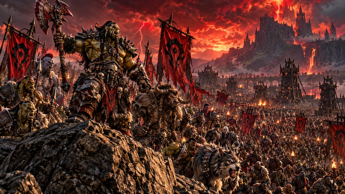 Splinter737's tweet photo. The Horde roars beneath a blood‑red sky. Axes raised, banners burning, and thunder echoing from the mountains of war. From the cliffs of Orgrimmar to the molten gates beyond, the cry resounds: Let the Horde rise!
#Warcraft #Horde #EpicFantasy #WoWArt https://t.co/4hd5QxdfhI