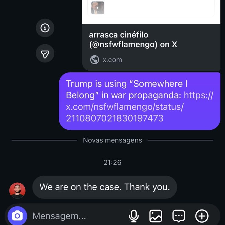 nsfwflamengo's tweet photo. O Lorenzo (do marketing) do Linkin Park disse que estão cientes e estão agindo em relação ao uso de Somewhere I Belong como propaganda de guerra do governo Trump. https://t.co/SBMf4Uqxk5