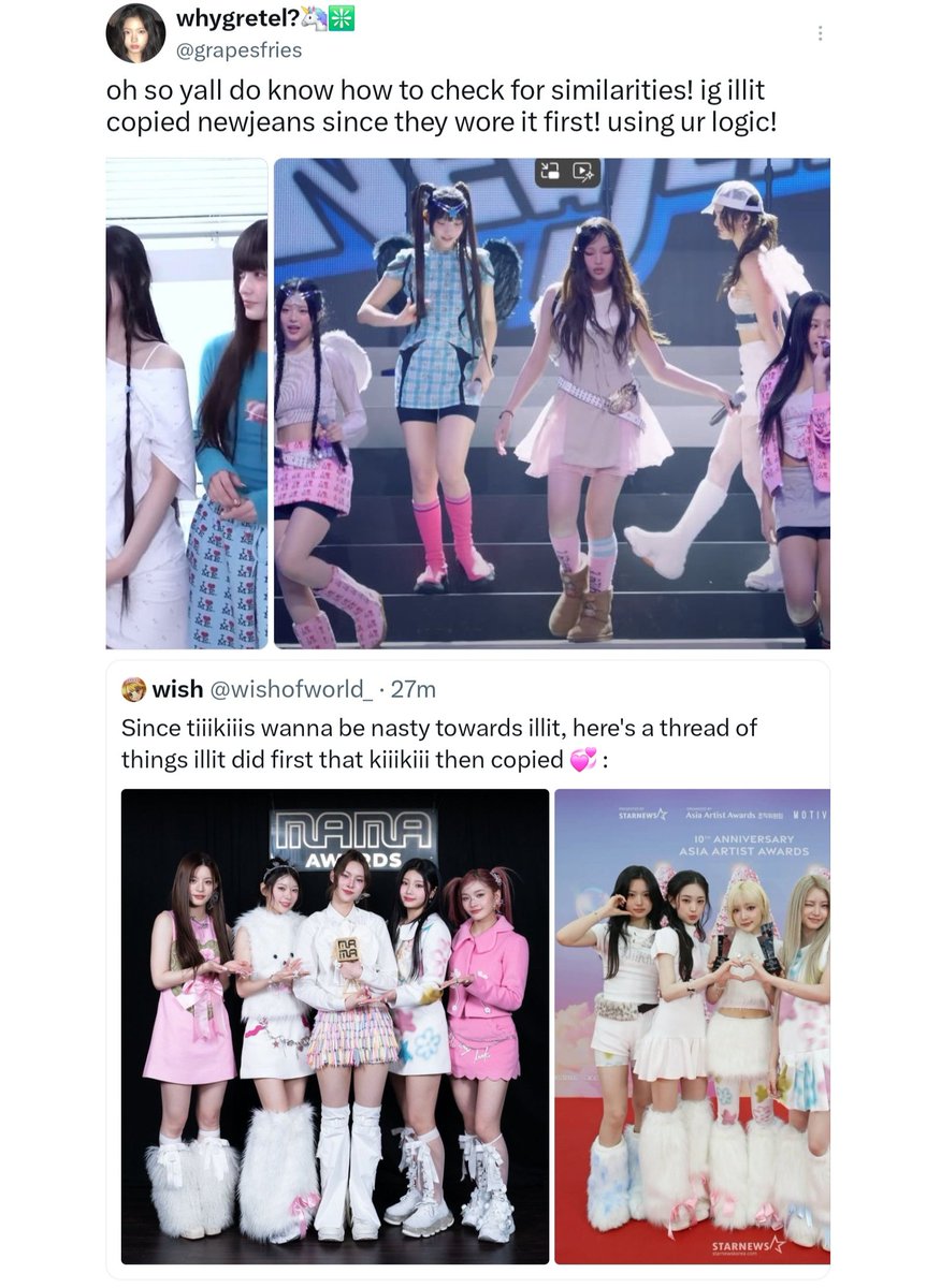 wishofworld_'s tweet photo. Blocking people cause you don't have any rebuttal, lol
illit had an official collaboration with Ashley williams. They had a whole album designed by her. So of course they're gonna wear the brand. And their final look was very different from njs, as shown in your post! as for kii2 https://t.co/MmPrXaU6z1