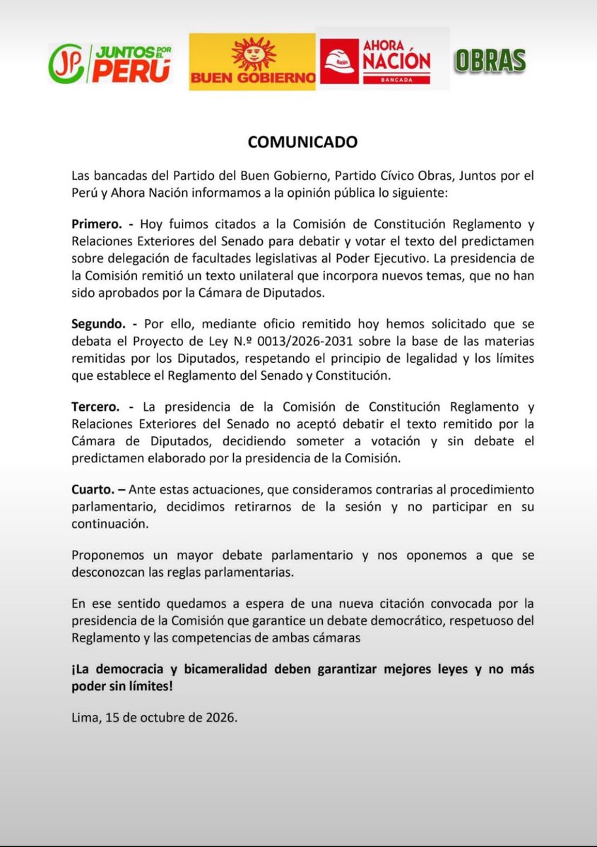 senadorbarragan's tweet photo. Comunicado multipartidario sobre los hechos ocurridos en la Comisión de Constitución del Senado. https://t.co/2J9XMgLNOn