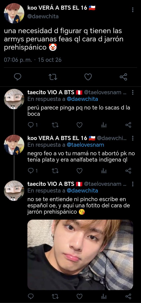 kooguguk's tweet photo. mini au #kookv

donde tae está cansado de pelearse y defender a su país de comentarios xenofóbicos o donde jk un chileno, comienza a postear comentarios pasivo-agresivos hacía los peruanos, sin saber que caería rendido por uno. https://t.co/jKADDiiF4c
