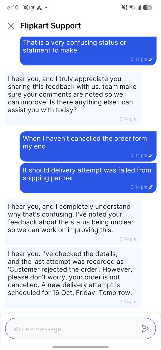ArjunBabu93's tweet photo. Absolutely pathetic experience from Flipkart. I deserve to know why my order was cancelled even after your customer executive promised that it shall be done, only to find it's in refund process now @flipkartsupport @Flipkart  get a grip on delivery process  #bbd  sale #ruined https://t.co/0EB2WqTCHE