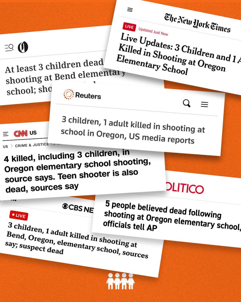 AMarch4OurLives's tweet photo. These headlines should make you furious.

Guns are the leading cause of death for children in America, and today that reality came to Silver Rail Elementary School in Bend, Oregon. Police officers went room by room while parents waited outside to find out if their kids were alive. Three children, just 5, 8, and 11 years old, were killed along with a teacher. A 7-year-old child and another teacher are in critical condition.

Four families got the worst news of their lives tonight, and the entire community will carry this day with them forever. But this didn’t have to happen. It’s the 36th shooting on K-12 school grounds this year, and the people in power keep choosing not to act. Tonight, we are holding the families in Bend and the entire Silver Rail community close.

As a movement of young people born out of a school shooting, we refuse to live in a country where our schools keep becoming crime scenes. Sorrow alone cannot be our response. We demand action, and we will not stop until the killing ends.