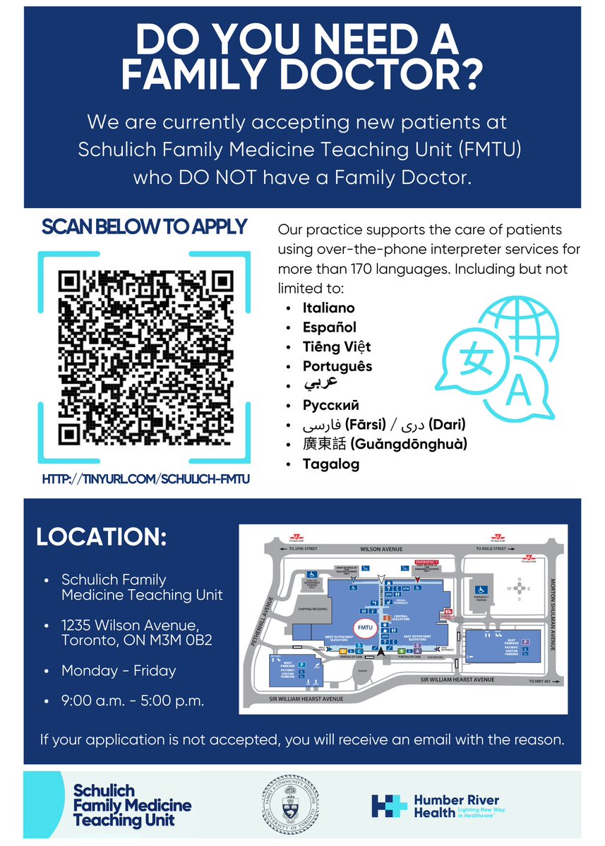 DrJacobsRad's tweet photo. No family doctor?

No worries, Humber River Health has you covered.

To register yourself and up to 3 families for a family doctor, scan the QR code and our clinic will contact you to arrange an appointment.

It's that easy.

@HRHealth_ @UofT https://t.co/CfWlx2uFlk