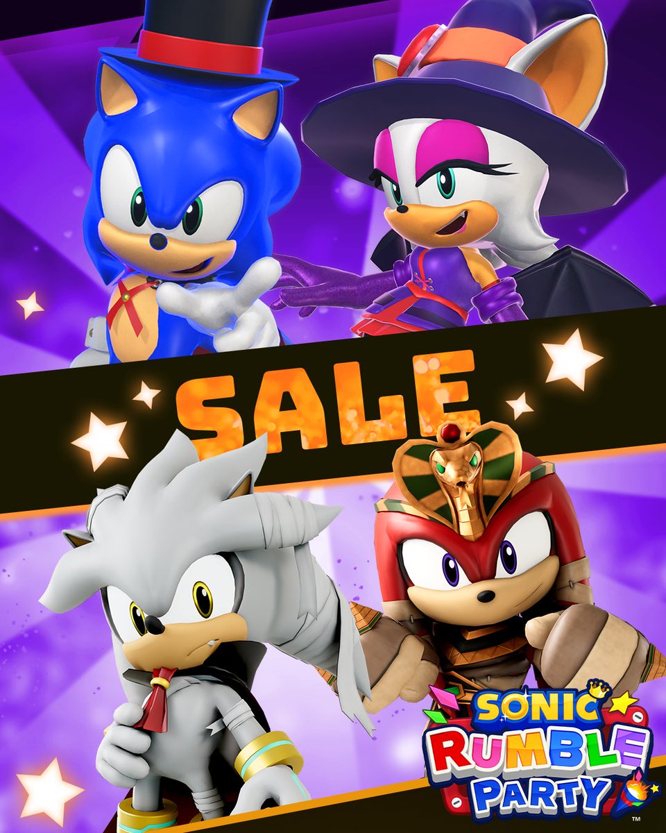 Sonic_Rumble's tweet photo. ✨Time for a treat! Returning Halloween item sale!✨

Halloween Sonic, Witch Rouge, Mummy Knuckles, Magician Chao, and the Halloween 2025 Bundle with Vampire Silver is on sale! Grab them while you can!

⏳Discount until October 22nd 7:59am (UTC) https://t.co/lF8EJemZNs