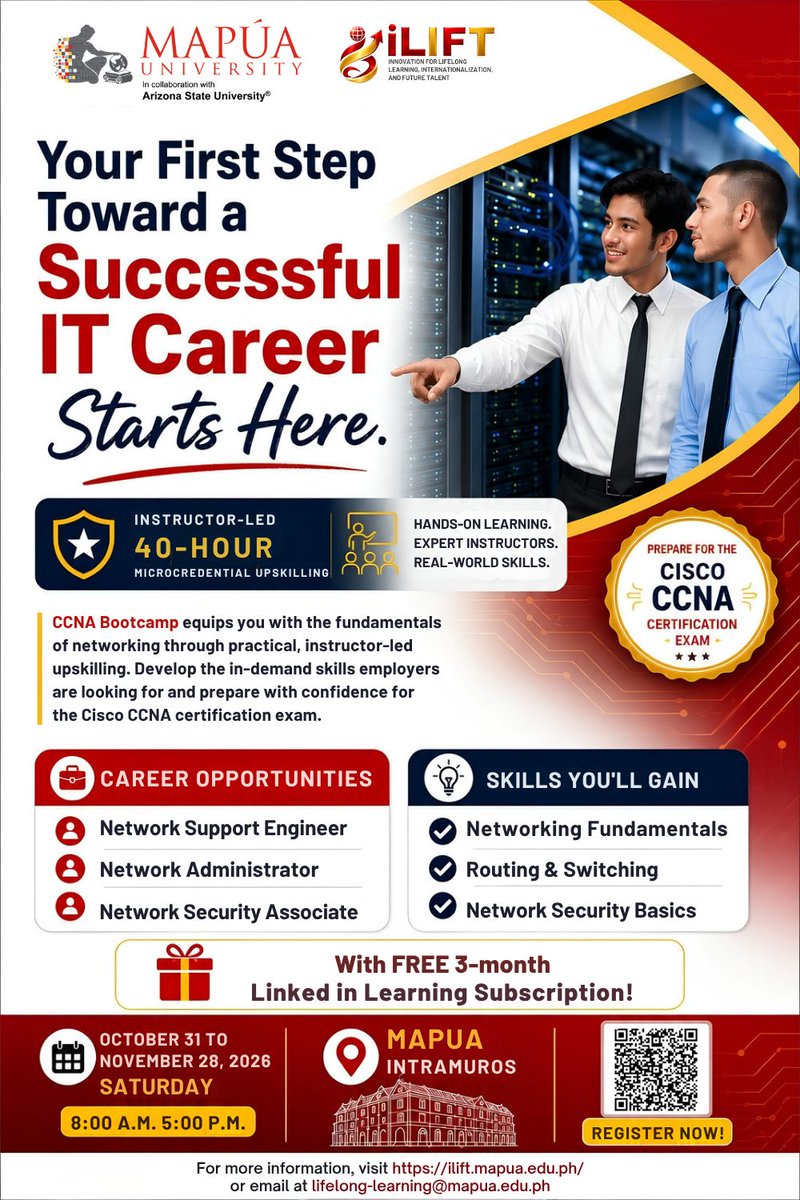 Mapuaidcall's tweet photo. Ready to level up?

Our CCNA Bootcamp is your launchpad to bigger roles, better opportunities, and a future-proof career.
Your tech journey starts here—sign up now!

📷 Registration:
Scan the QR code or click the link below:
📷 https://t.co/KrhHOOsLr8 https://t.co/Z2NfdRJ9Wa