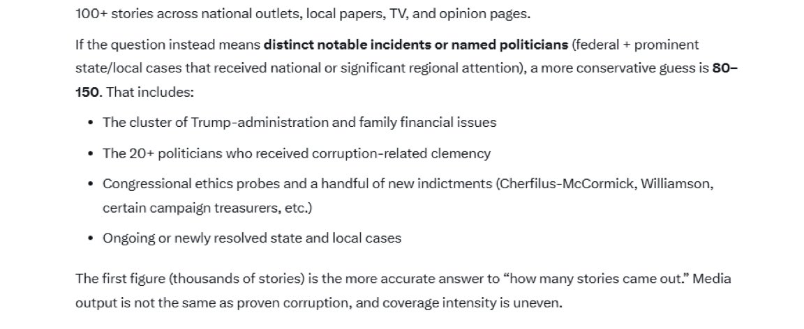 AMC_biggums_'s tweet photo. i asked grok how many different reliable stories about political corruption has came out since January. 150ish in 270 days. once every two days a politician is proven to have committed a crime. think about that. this doesn't count the others ones that haven't been proven https://t.co/6TGeAGIZ4X