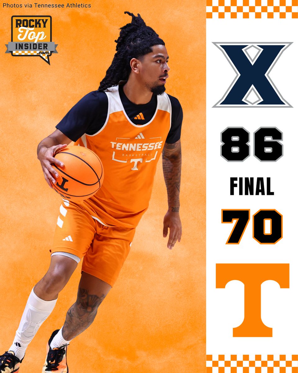 rockytopinsider's tweet photo. FINAL in KNOXVILLE

Xavier: 86
Tennessee: 70

Musketeers explode for a 59-point second half to dominate the final 20 minutes. Terrence Hill leads all scorers with 22 points on 9/17 shooting. 

Next up: Preseason game @ Duke https://t.co/WH5lBzBA2D