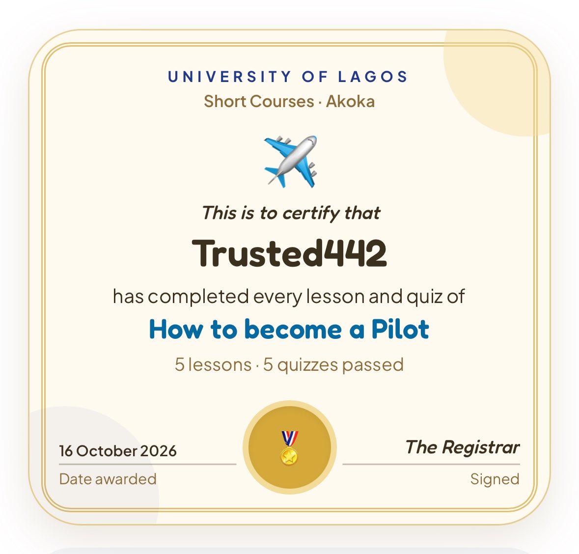 Trusted442's tweet photo. I am deeply grateful and filled with immense joy as I announce the successful completion of my Pilot Course at the University of Lagos.
This achievement marks a significant milestone in my journey toward becoming a professional pilot.

To God be the glory for this success. https://t.co/LBvVpmmI0R
