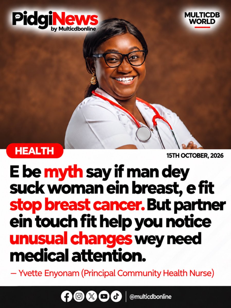 multicdbonline's tweet photo. Ebe myth say man wey dey suck woman ein breast fit prevent breast cancer.
But partner ein touch fit help notice unusual changes wey need medical attention - Nurse Yvette Enyonam.
#PidgiNews #BreastCancerAwareness #PinkOctober #GhanaHealth #Multicdbonline https://t.co/Y8vKK3EnyS