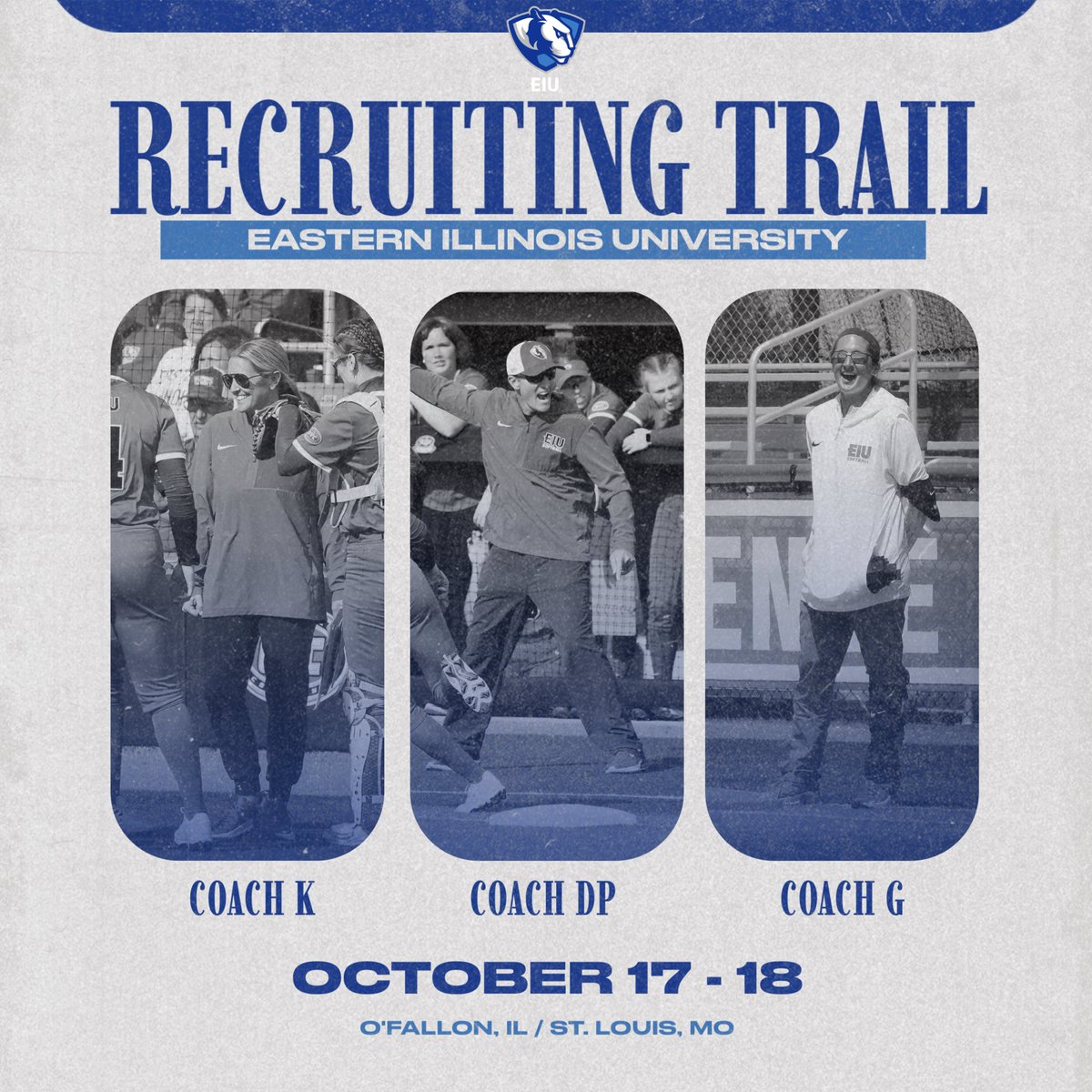 EIU_Softball's tweet photo. We are hitting the recruiting trail this weekend looking 👀 for future Panthers! 🐾
See you in O'Fallon / St. Louis 🥎💙 Drop those schedules below! 👇🏻 https://t.co/wMK81Qxhuq