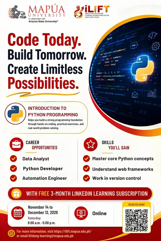 Mapuaidcall's tweet photo. Ready to future-proof your career?

Join our Introduction to Python course and start speaking the language of the future!!!

📷 Registration:
Scan the QR code or click the link below:
📷 https://t.co/KrhHOOsdBA https://t.co/xC8LFz6sIH